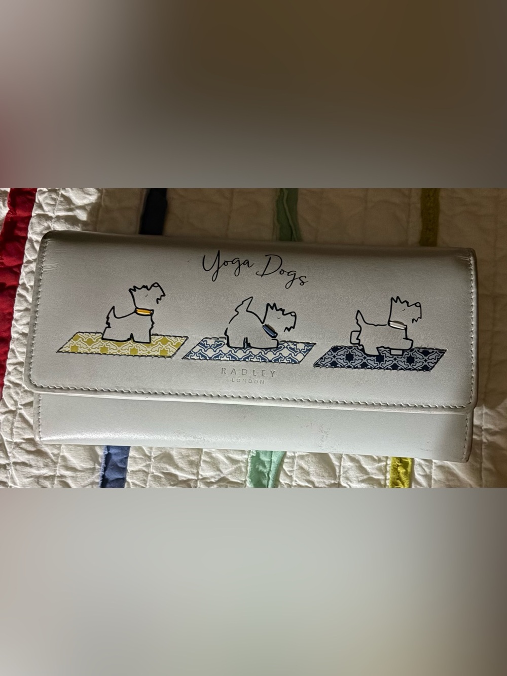 RADLEY LONDON White Leather Wallet with Blue and Yellow Yoga Dogs Motif